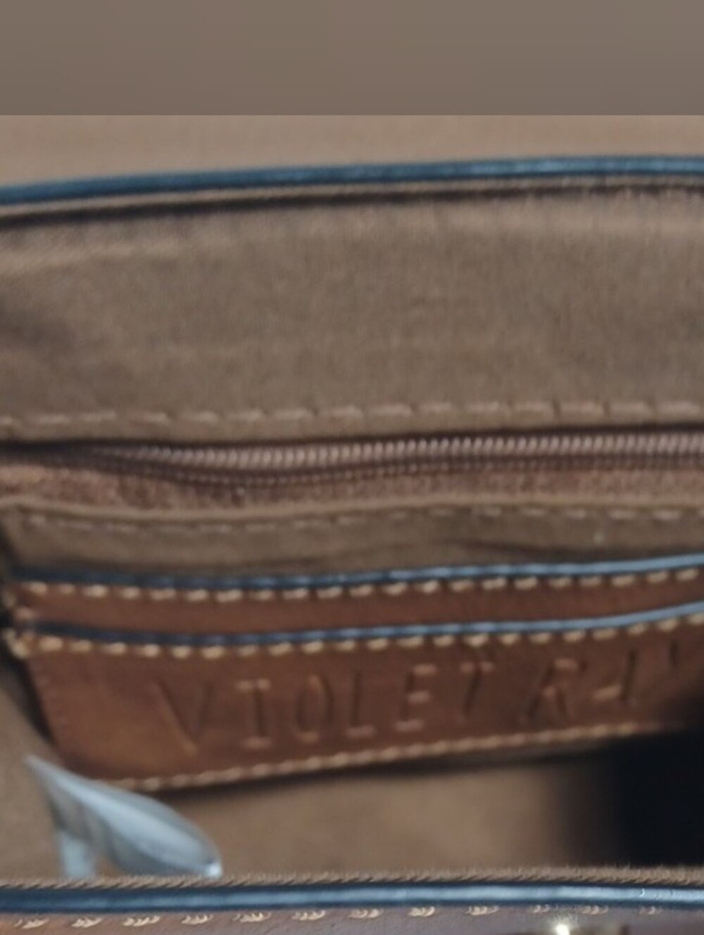 Violet Ray Brown Leather Men's Messenger Bag with Blue Stitching